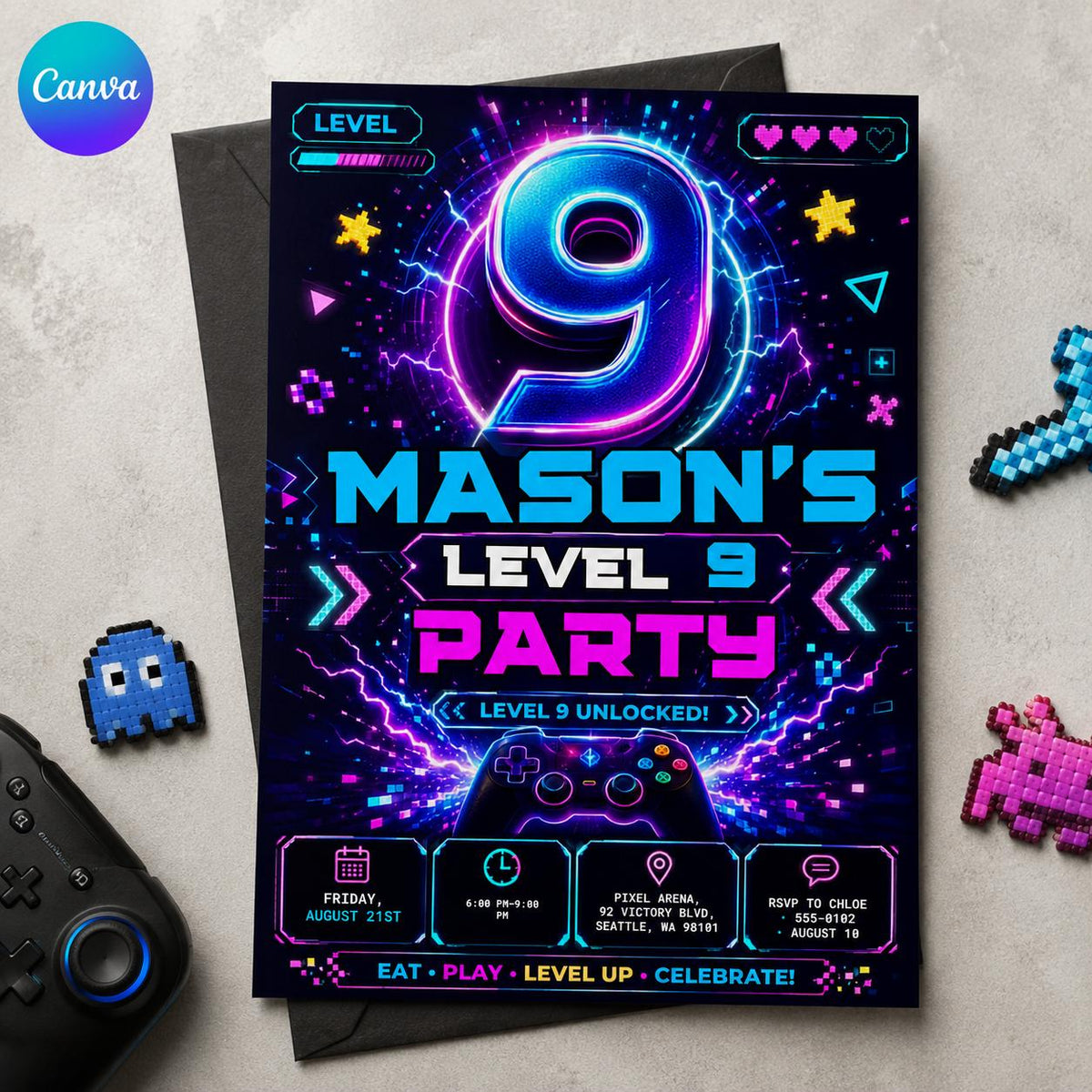 Video Game 9th Birthday Invitation – Level 9 Unlocked Neon Gamer Controller Party