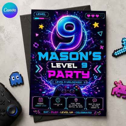 Video Game 9th Birthday Invitation – Level 9 Unlocked Neon Gamer Controller Party
