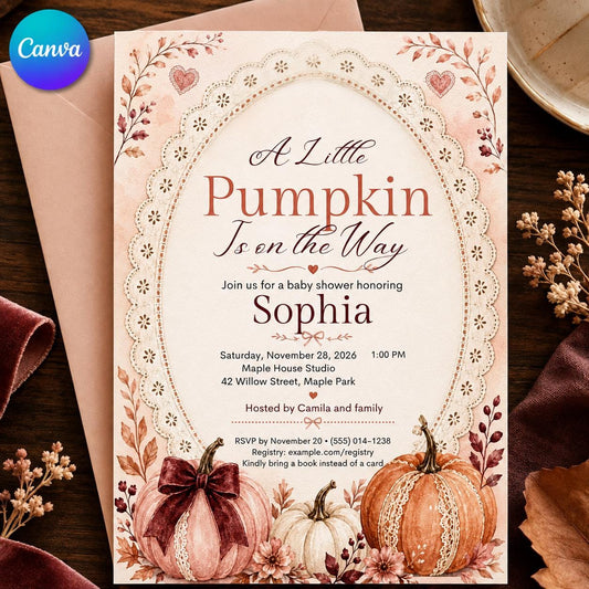 Lace Arch Pumpkin Baby Shower Invitation with Burgundy Bow — editable Canva template