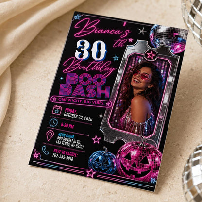 30th Birthday Invitation, Neon Halloween Boo Bash Photo Invite, Disco Ball Costume Party, Editable Printable Canva Template