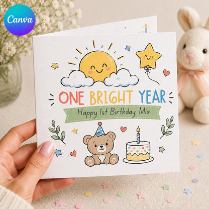1st Birthday Greeting Card for Baby, Cute Teddy Bear Printable Editable Folded Card Canva Template