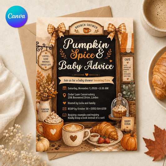 Neutral Pumpkin Spice Baby Shower Invitation — editable Canva template