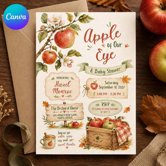 Neutral Rustic Apple of Our Eye Baby Shower Invitation — editable Canva template
