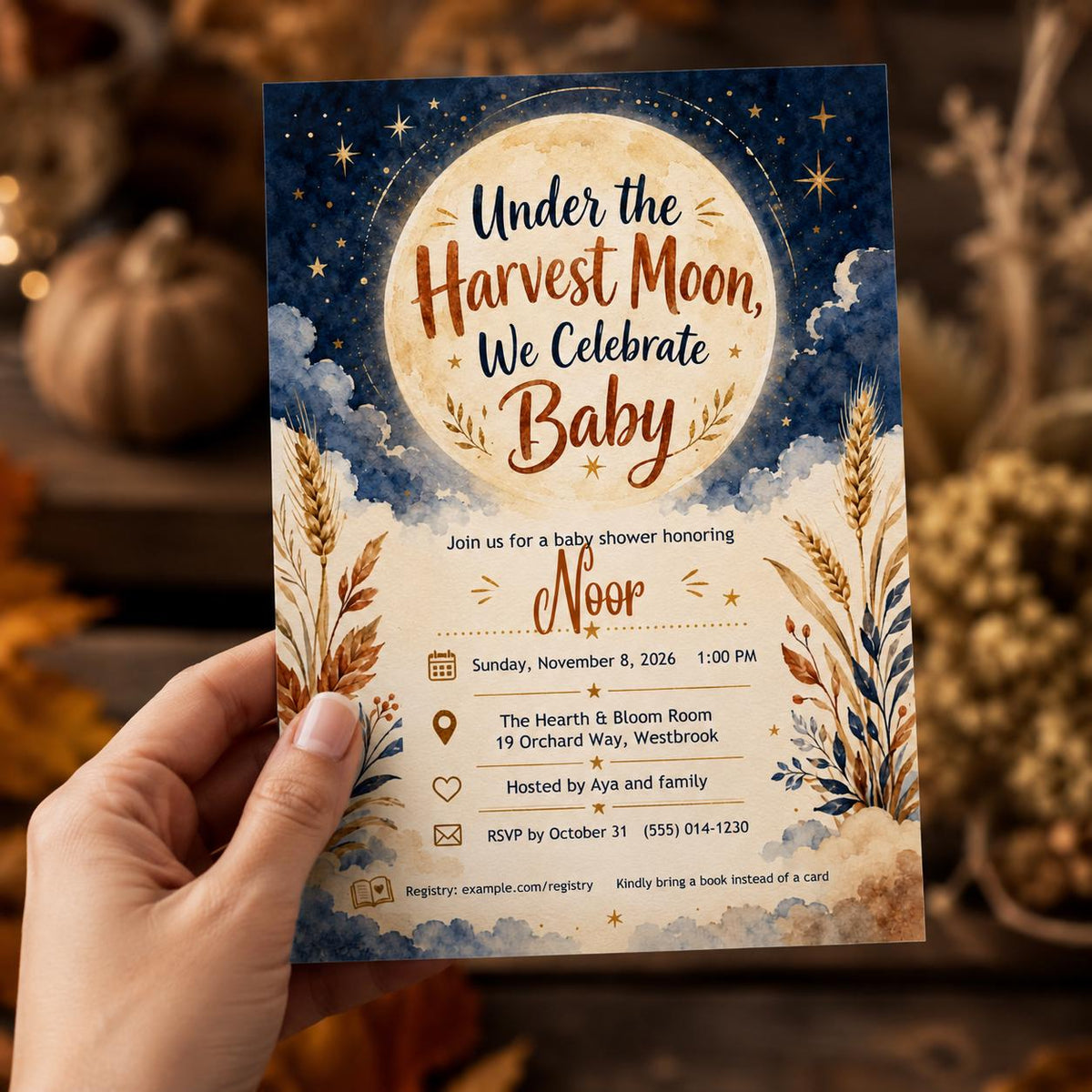 Harvest Moon Baby Shower Invitation – Celestial Fall Moon and Stars Gender Neutral