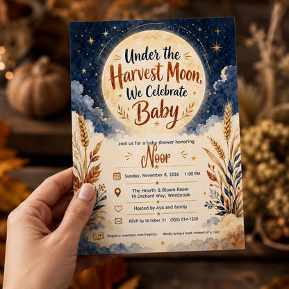 Harvest Moon Baby Shower Invitation – Celestial Fall Moon and Stars Gender Neutral