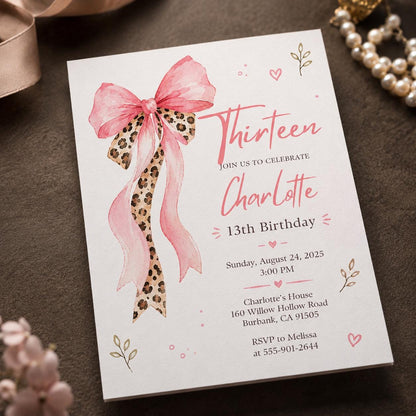 13th Birthday Invitation Girl, Pink Coquette Bow Leopard Party Invite, Teen Editable Printable Canva Template