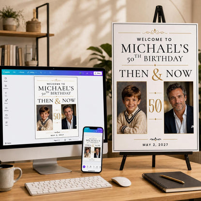 50th Birthday Welcome Sign with Photos — print-ready 50th birthday party design from VoltBy