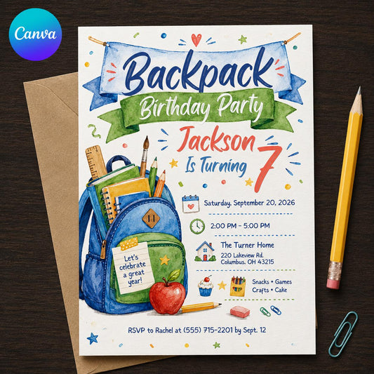 Backpack Birthday Invitation – School Supplies 7th Birthday Party for Boys – Watercolor Kids