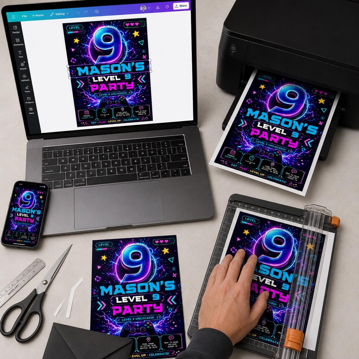Video Game 9th Birthday Invitation – Level 9 Unlocked Neon Gamer Controller Party