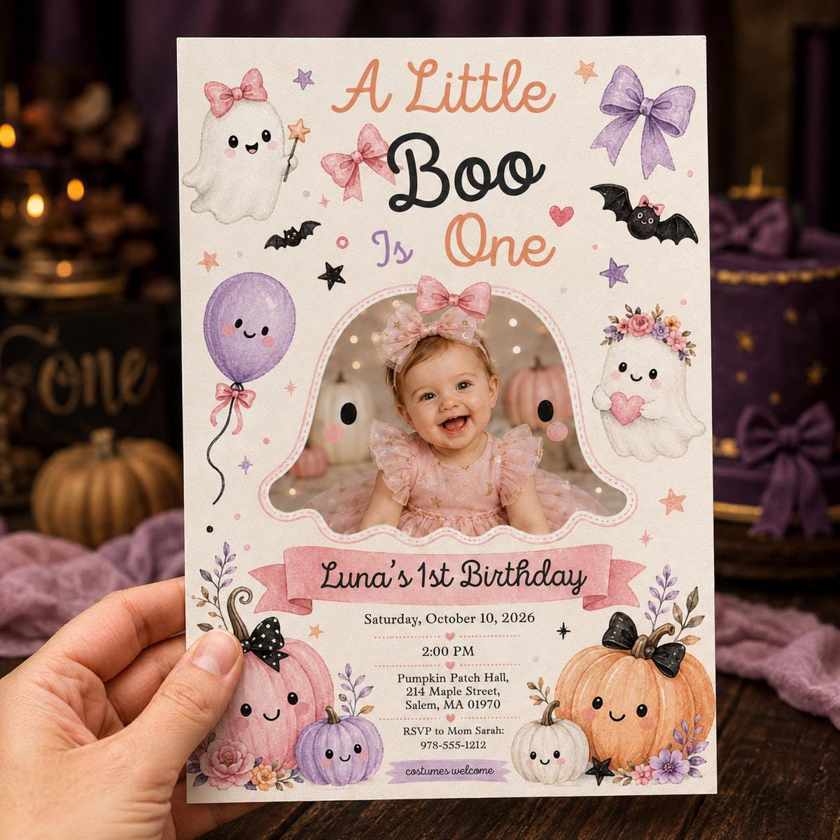 Halloween First Birthday Invitation – Little Boo Girl Photo Invite – Pastel Ghost Pumpkin Party
