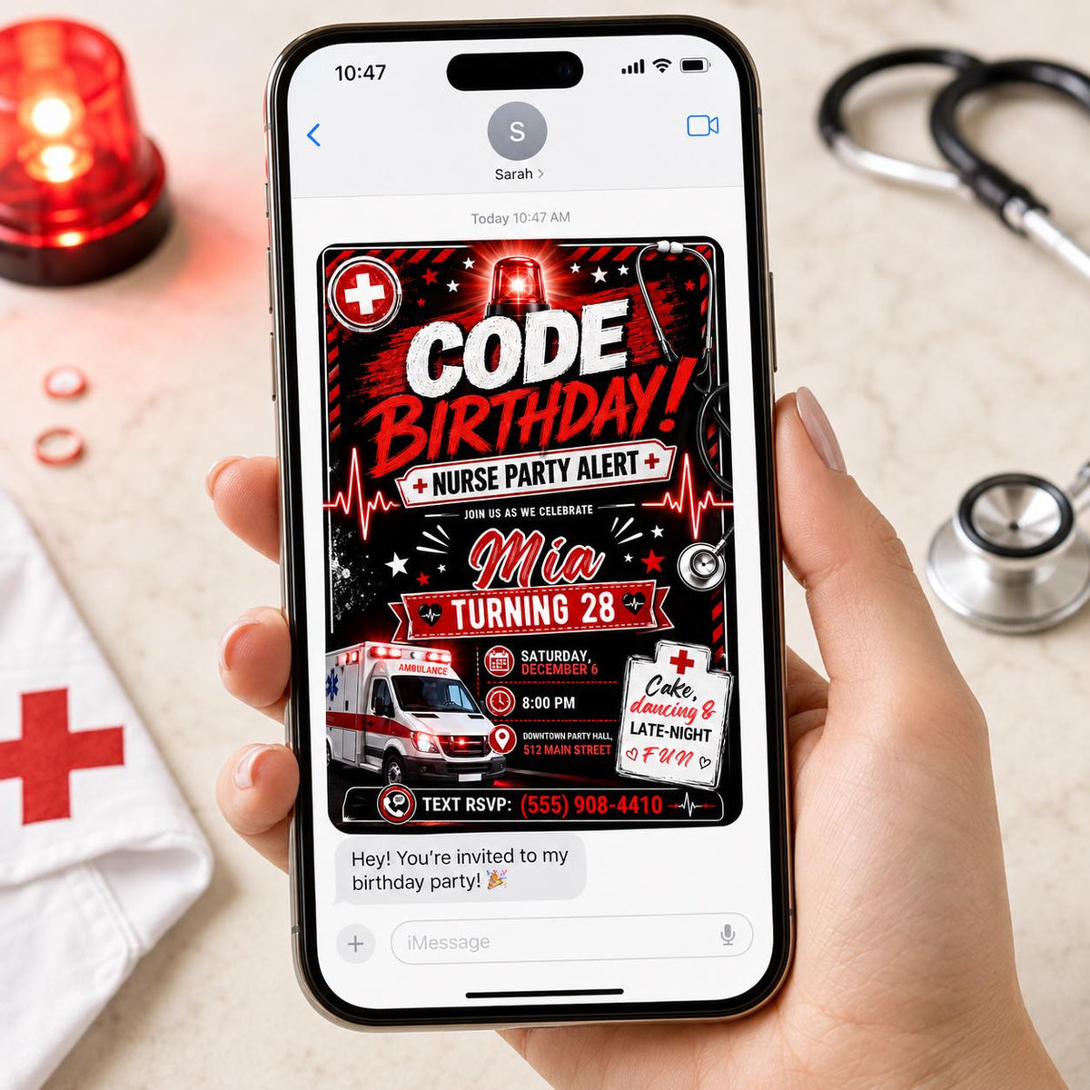 Nurse Birthday Invitation – Red Black Code Birthday 28th Medical Party Alert
