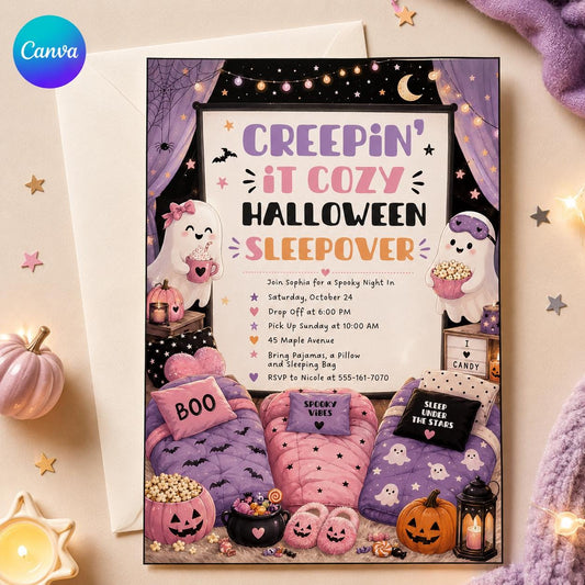 Halloween Sleepover Invitation – Spooky Pajama Party Invite for Girls – Pink Purple