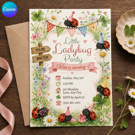 Ladybug 5th Birthday Invitation – Little Ladybug Garden Party Invite for Girls