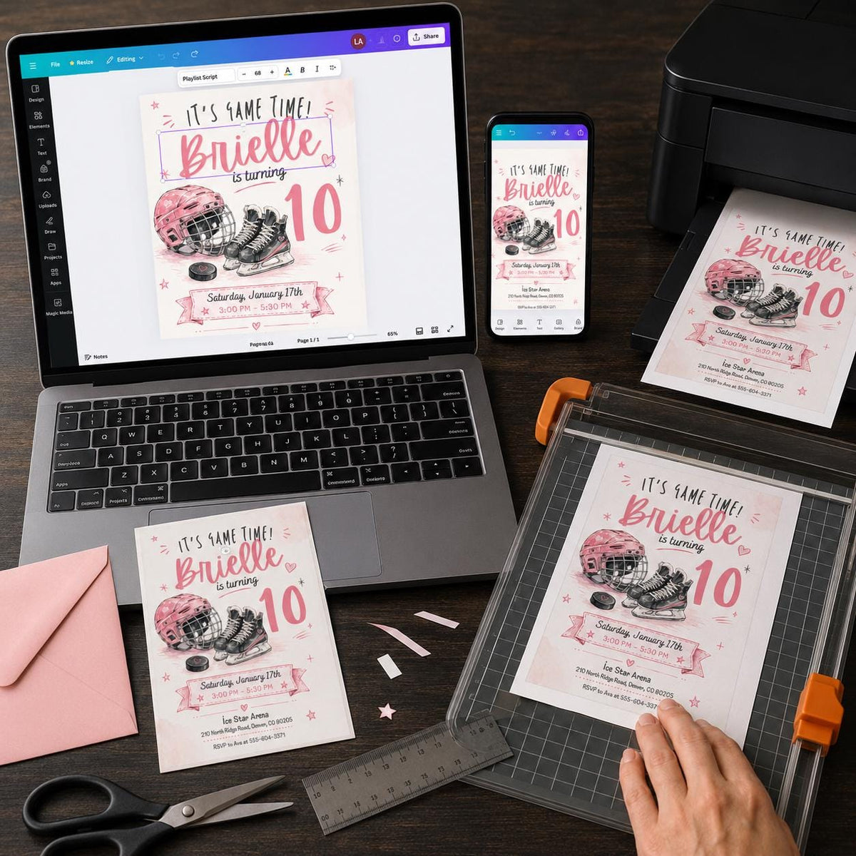 Girls Hockey Birthday Invitation – Pink Ice Hockey 10th Birthday Party Invite