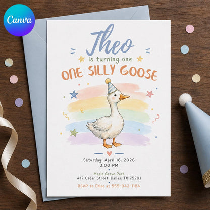 One Silly Goose First Birthday Invitation, Pastel Watercolor Goose Party Editable Printable Canva Template