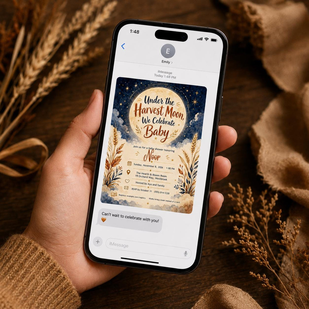 Harvest Moon Baby Shower Invitation – Celestial Fall Moon and Stars Gender Neutral