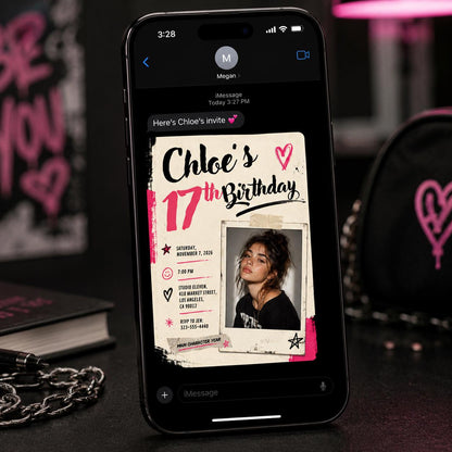 17th Birthday Photo Invitation, Pink Black Grunge Teen Party Invite for Girl, Edgy Scrapbook Editable Canva Template