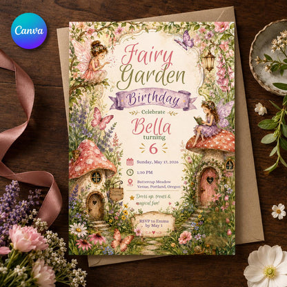 Fairy Garden Birthday Invitation – Enchanted Woodland Girl 6th Birthday Party Invite