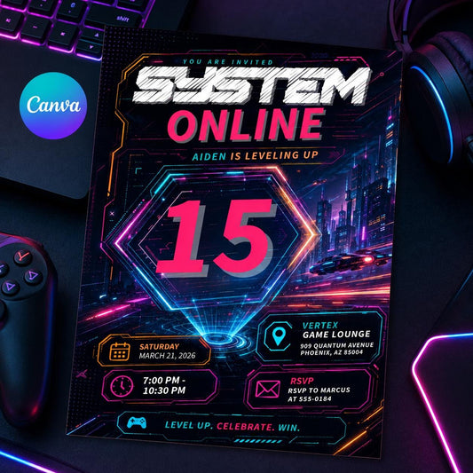 System Online Gaming Birthday Invitation – Video Game Party Invitation – Level Up Birthday Invitation