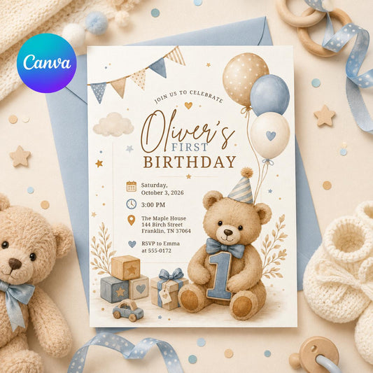 Teddy Bear First Birthday Invitation Editable Template – Beary 1st Birthday Boy Party Invite – Blue Boho Neutral Theme