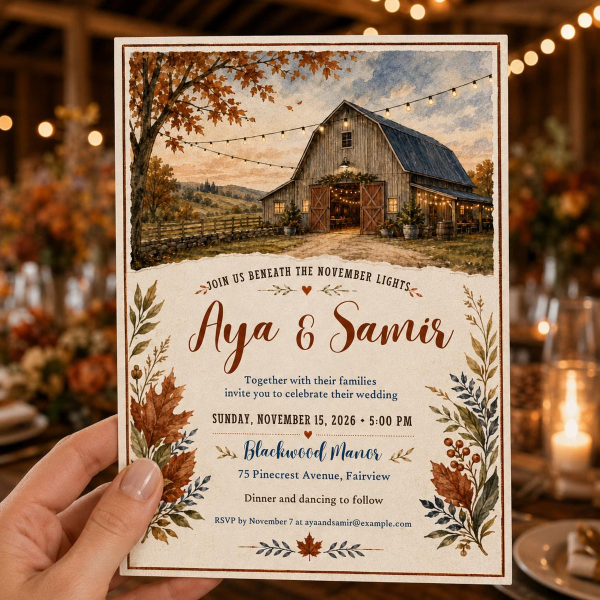 Rustic Fall Wedding Invitation – Barn Wedding Autumn Leaves