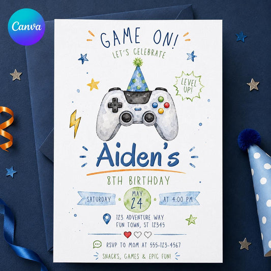 Video Game 8th Birthday Invitation – Level 8 Unlocked Gamer Controller Party for Boys