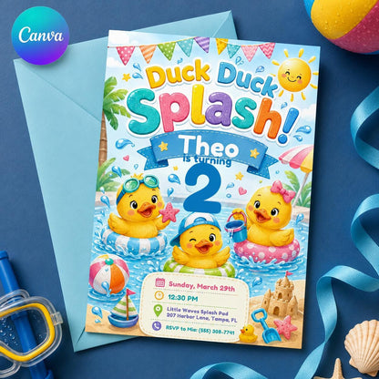Duck 2nd Birthday Invitation – Ducky Splash Pool Party Invite for Boy or Girl