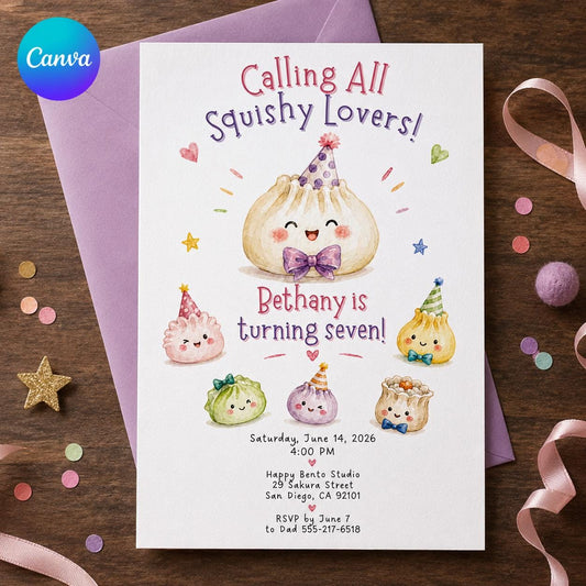 Squishy Dumpling Birthday Invitation – Kawaii Dim Sum 7th Birthday Girl Invite