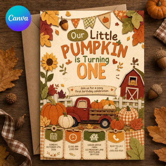 Little Pumpkin First Birthday Invitation – Fall Farm Truck Party Invite for Boy or Girl