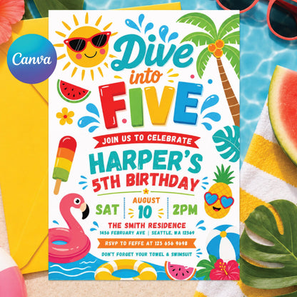5th Dive into Five Pool Party Invitation — editable Canva template