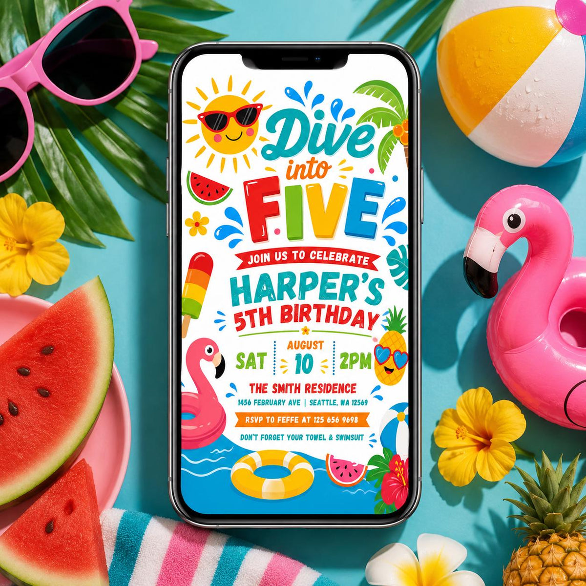 5th Dive into Five Pool Party Invitation — invitation you personalize in Canva