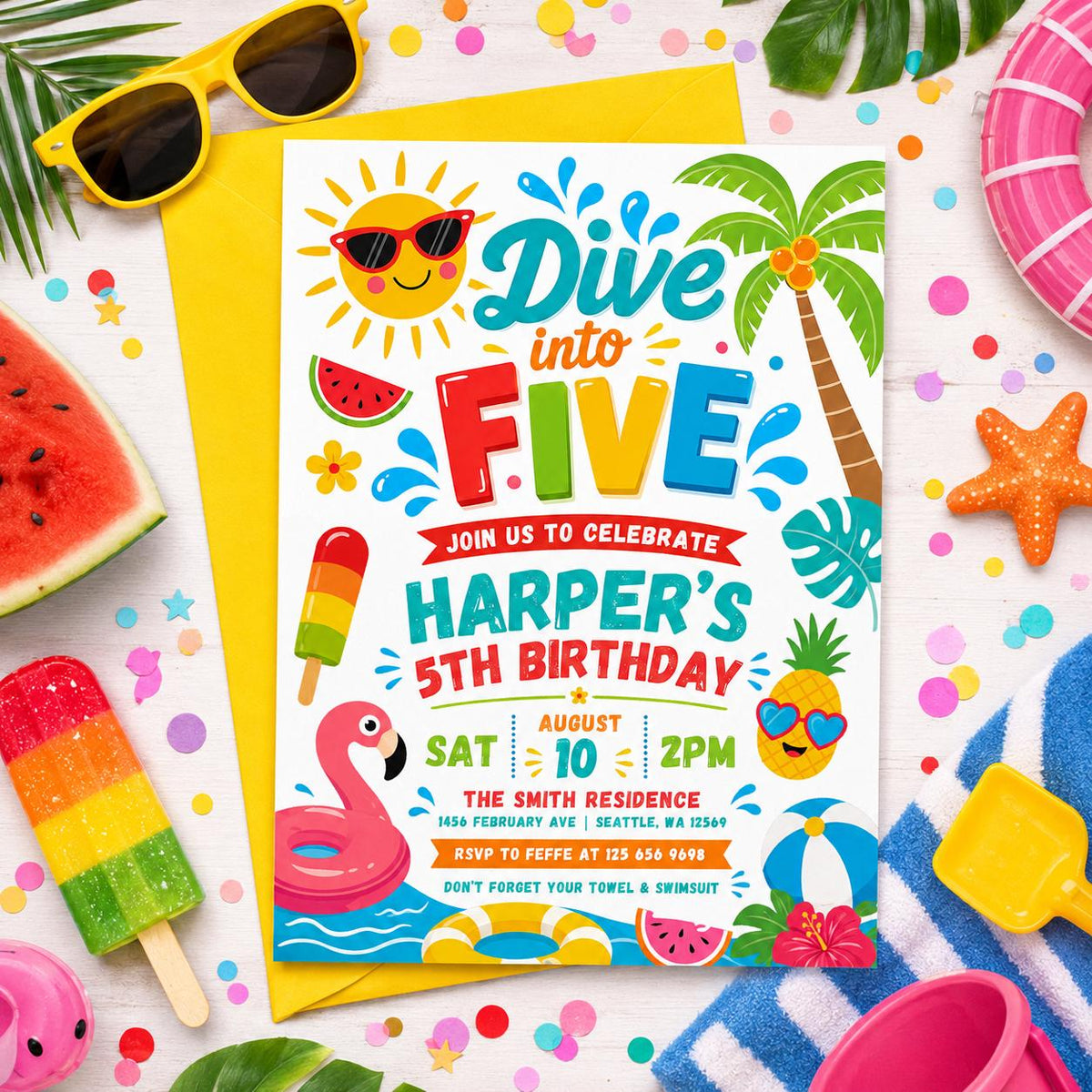 5th Dive into Five Pool Party Invitation — print-ready 5th birthday party design from VoltBy
