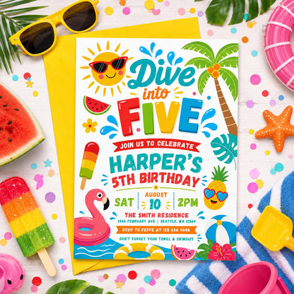 5th Dive into Five Pool Party Invitation — print-ready 5th birthday party design from VoltBy