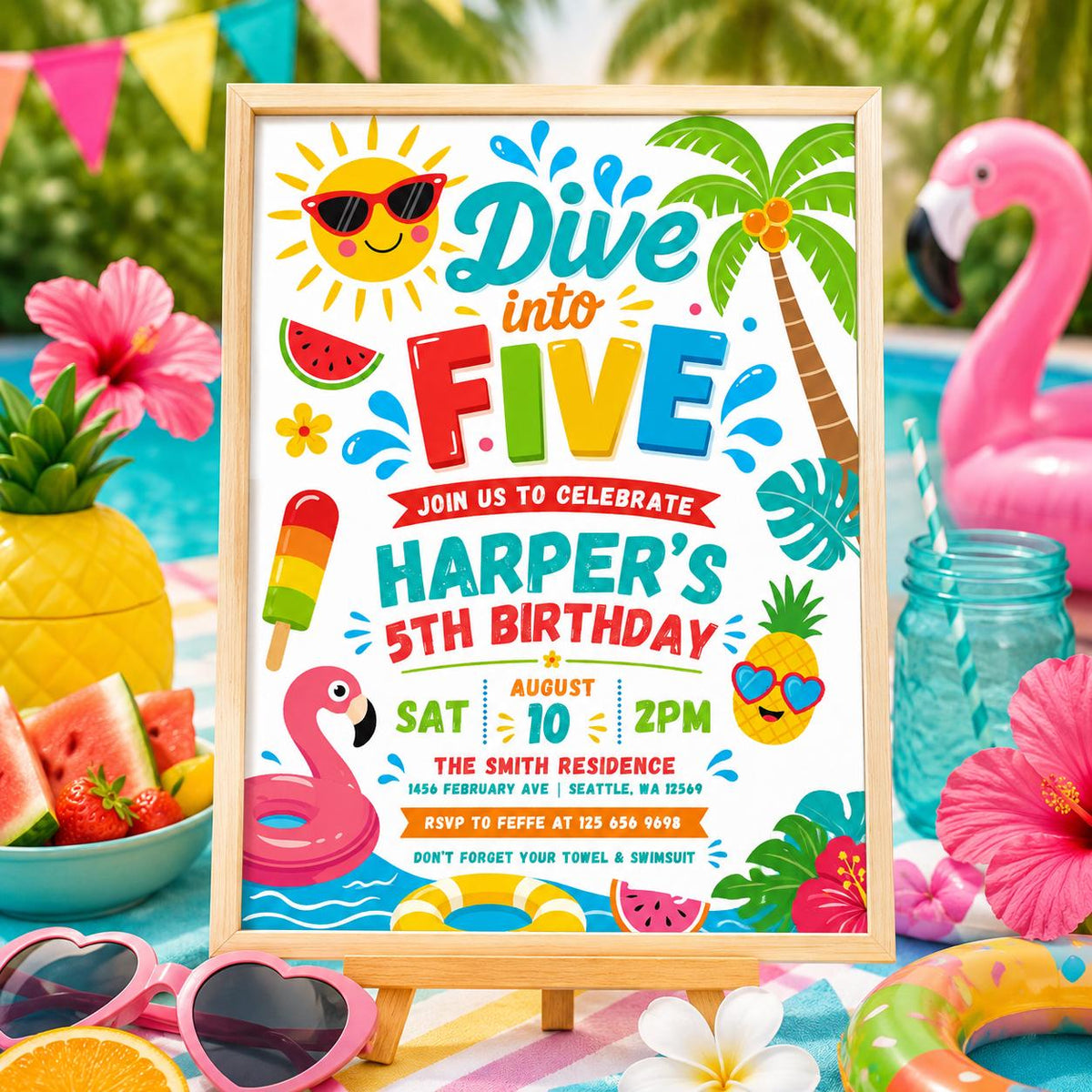 5th Dive into Five Pool Party Invitation — digital invitation, instant download