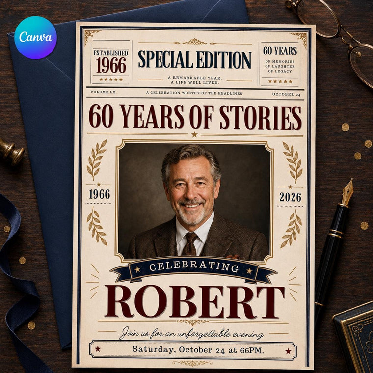 60 Years of Stories Newspaper Photo Birthday Invitation