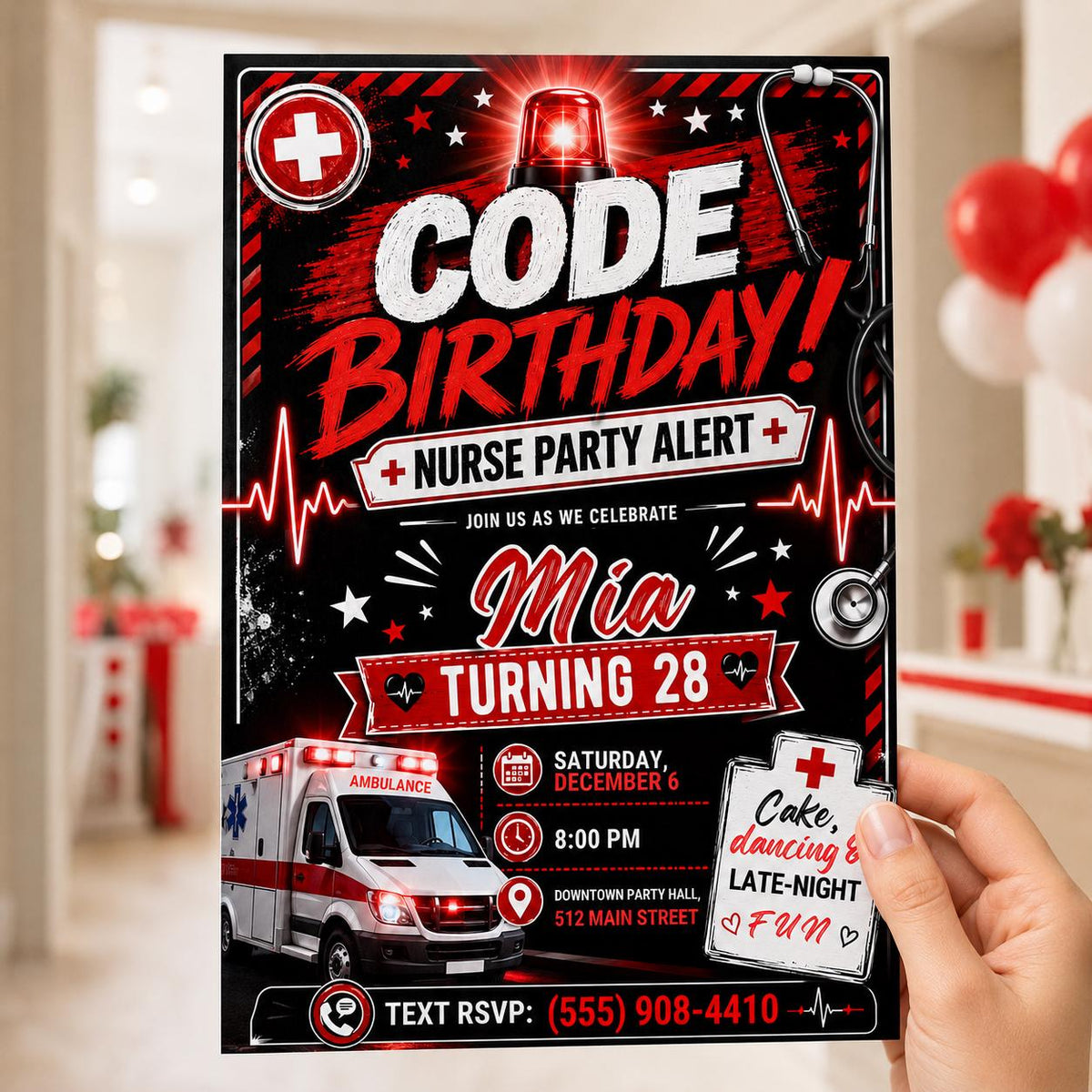 Nurse Birthday Invitation – Red Black Code Birthday 28th Medical Party Alert