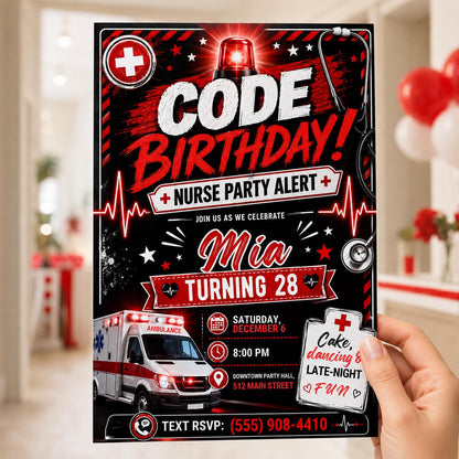 Nurse Birthday Invitation – Red Black Code Birthday 28th Medical Party Alert