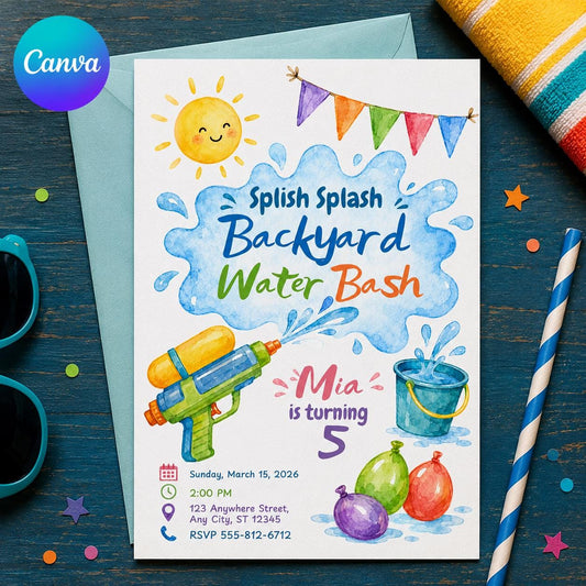 Water Gun Birthday Invitation – Backyard Water Bash 5th Birthday Party – Water Balloon Fight