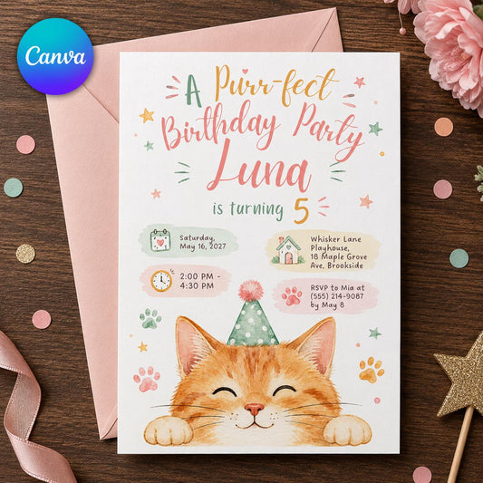 Cat Birthday Invitation Girl – Purrfect Kitty Party Invite – Cute Orange Kitten 5th Birthday