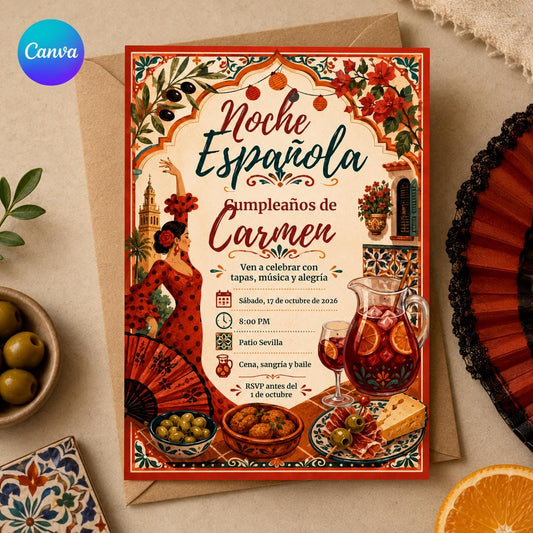 Spanish Noche Española Birthday Invitation with Sangria — editable Canva template