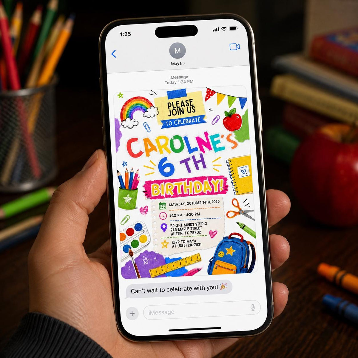 6th Birthday Invitation – Colorful School Doodle Art Party Invite for Kids