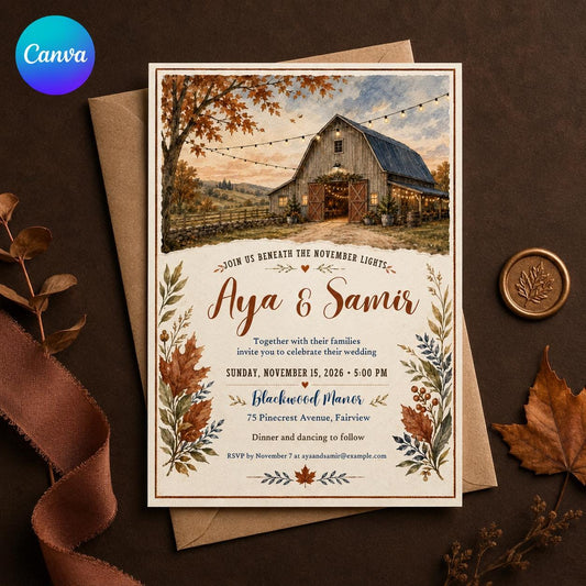 Rustic Fall Wedding Invitation: Barn Wedding Autumn Leaves — editable Canva template
