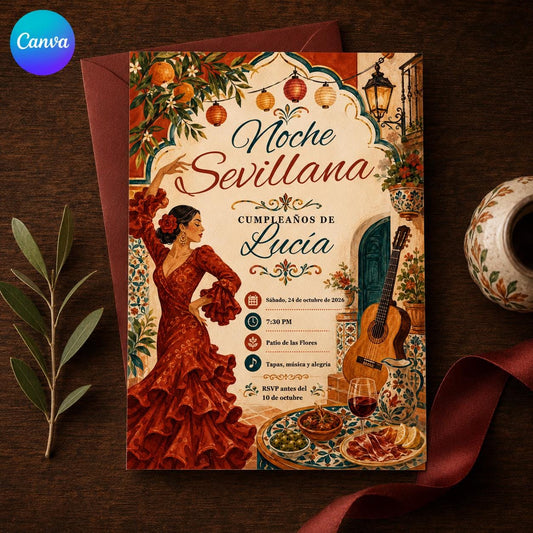 Spanish Noche Sevillana Birthday Invitation with Flamenco Dancer — editable Canva template