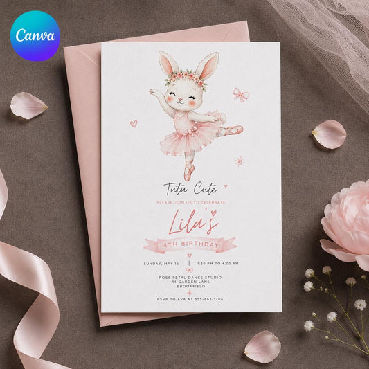 Ballerina Bunny Birthday Invitation – Tutu Cute 4th Birthday Pink Ballet Party