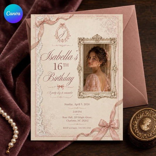 Sweet 16 Coquette Invitation – Pink Bow Lace Birthday Invite for Teen Girl – Vintage Elegant
