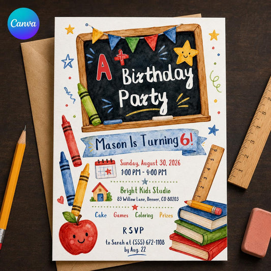 School Birthday Party Invitation – A Plus Classroom Theme 6th Birthday