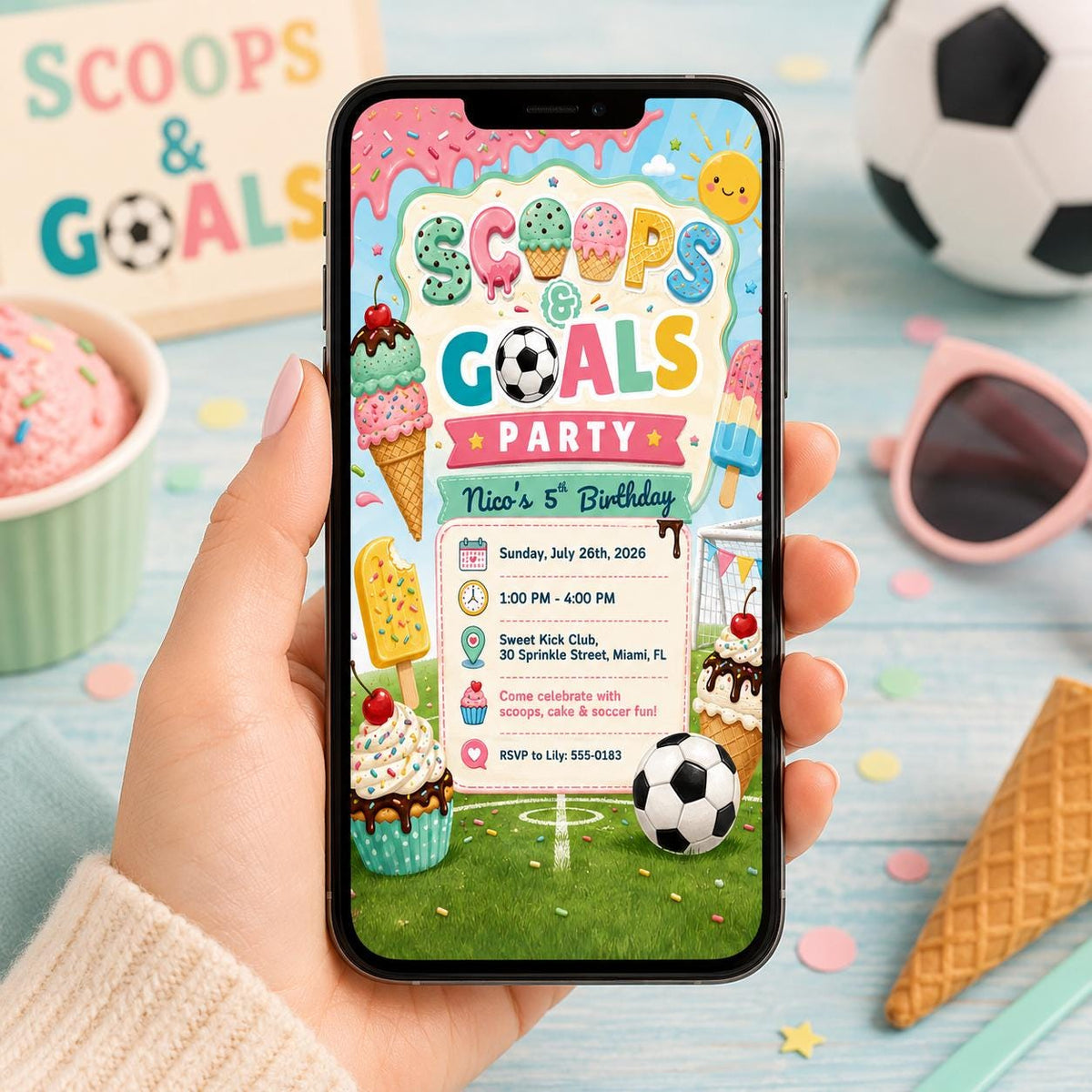 Ice Cream Soccer Birthday Invitation – Scoops and Goals Party Invite