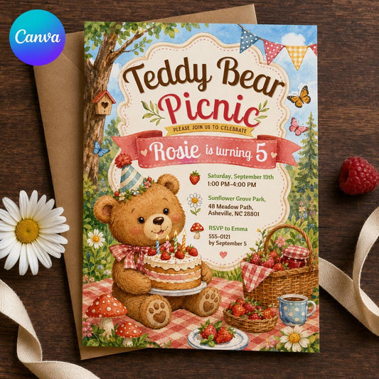 Teddy Bear Picnic Birthday Invitation – Strawberry Gingham 5th Birthday Party for Girls