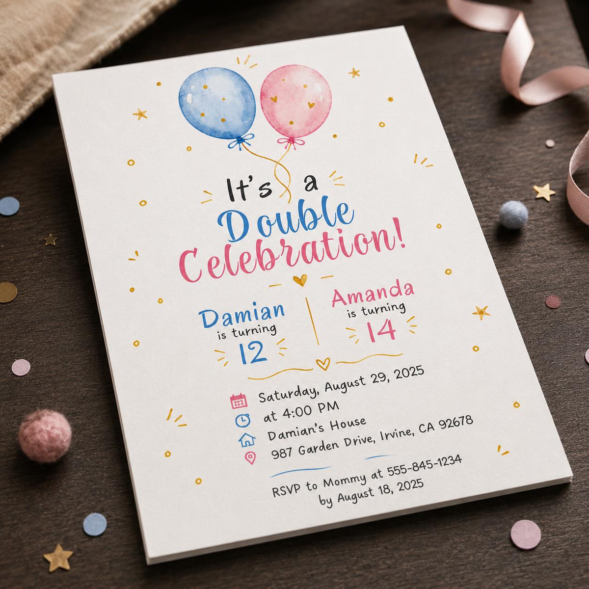 Double Birthday Invitation – Joint Party for Two Kids – Sibling Celebration