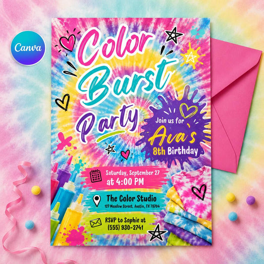Color Burst Party Invitation – Tie Dye Birthday Invitation – Summer Party Invite